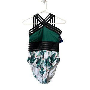 Hilor Swimsuit Size S/4-6 Green Tropical Hawaiian Beach One Piece Beach NWT‎